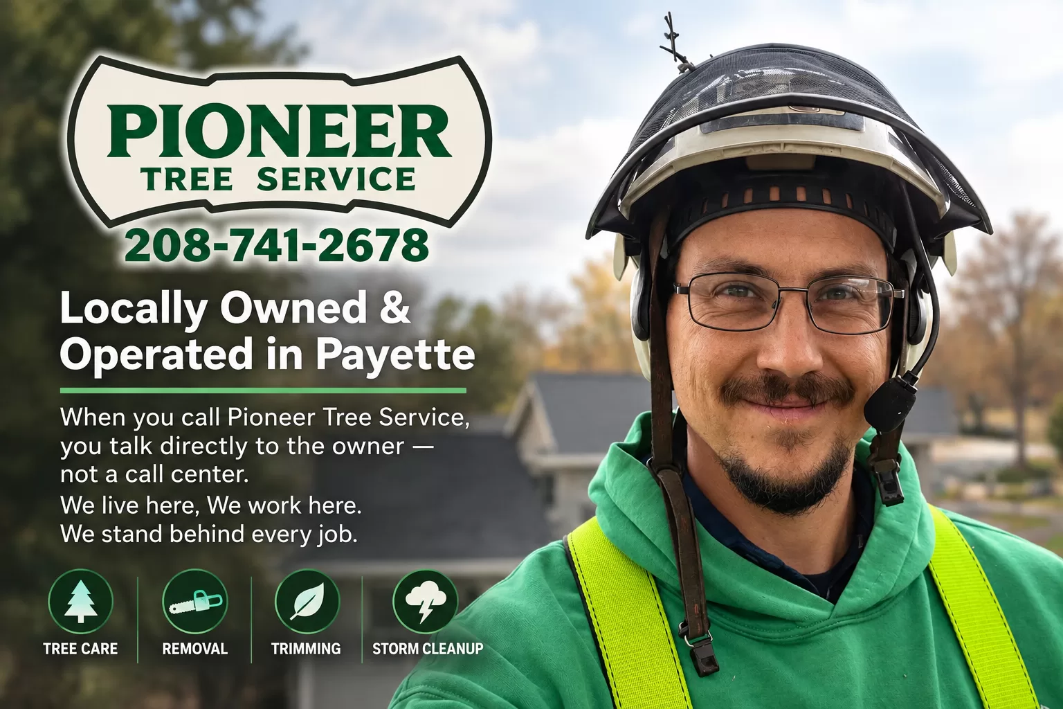 Pioneer Tree Service owner working in professional tree care safety gear