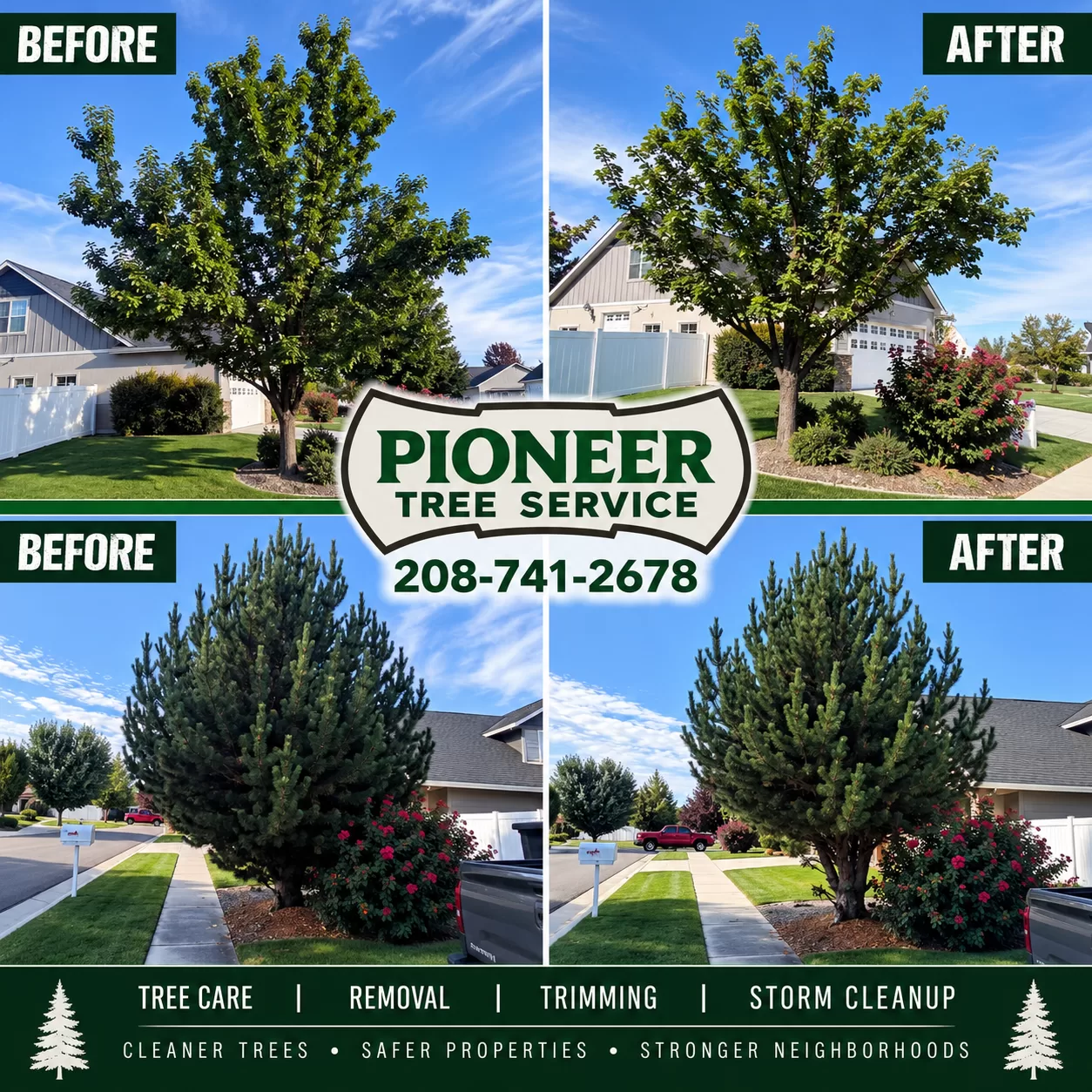 Tree pruning before and after by Pioneer Tree Service